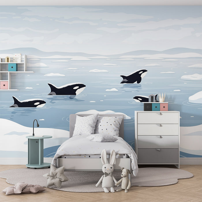 Papier peint chambre enfant | Orques dans un paysage polaire avec icebergs