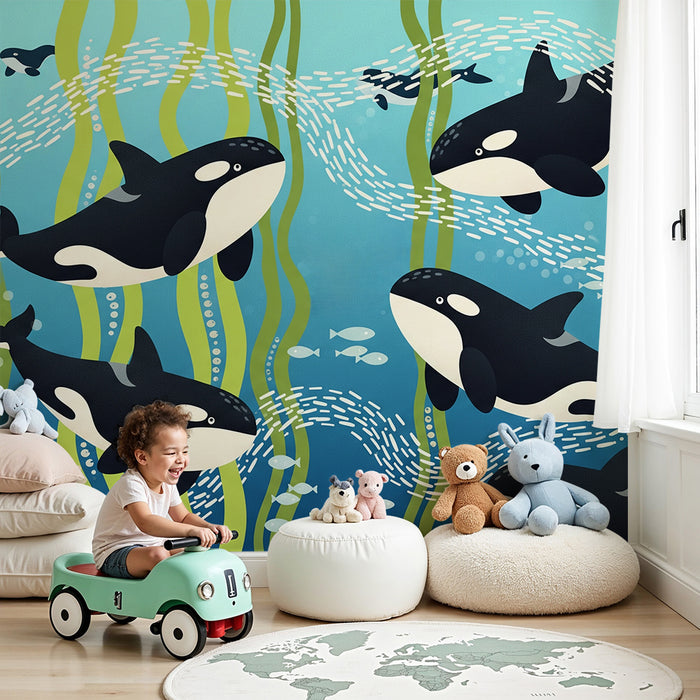Papier peint chambre enfant | Orques et algues dans un océan vibrant