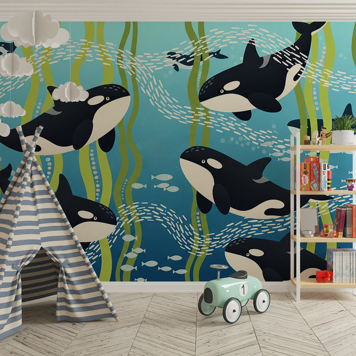 Papier peint chambre enfant | Orques et algues dans un océan vibrant