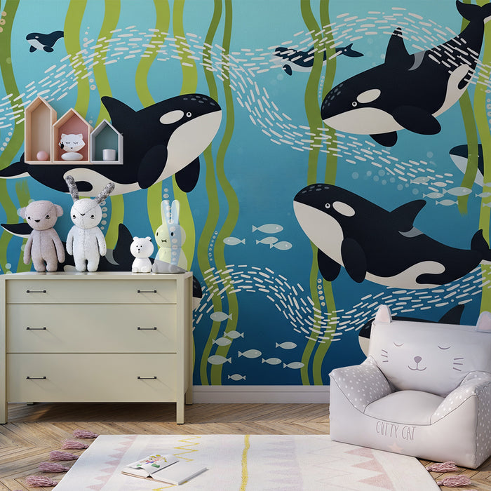 Papier peint chambre enfant | Orques et algues dans un océan vibrant