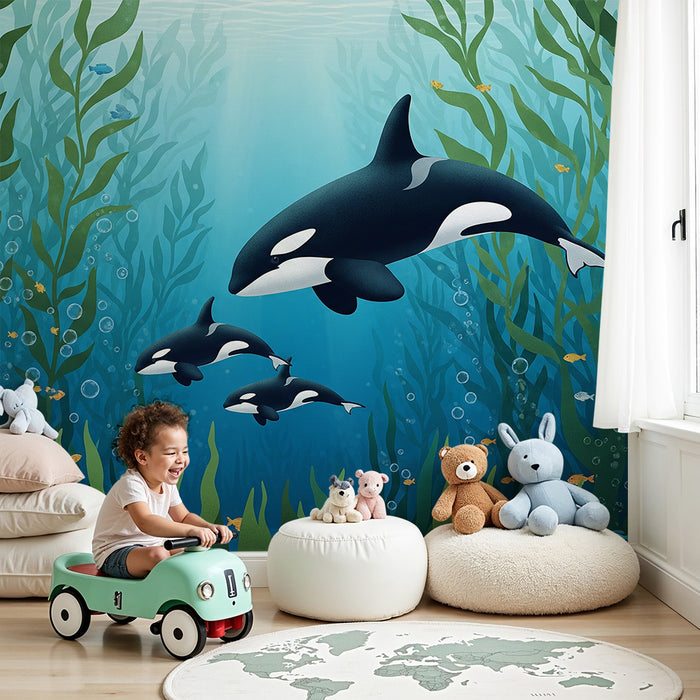 Papier peint chambre enfant | Orques et végétation marine dans un océan vibrant