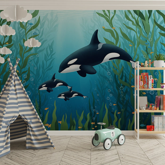 Papier peint chambre enfant | Orques et végétation marine dans un océan vibrant