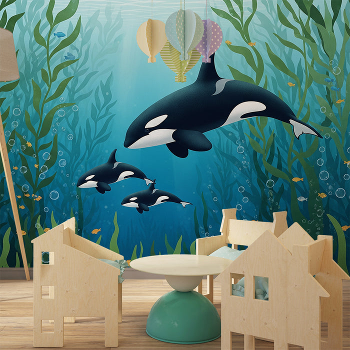 Papier peint chambre enfant | Orques et végétation marine dans un océan vibrant