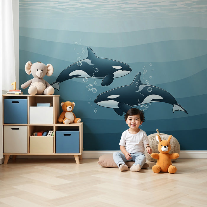 Papier peint chambre enfant | Orques jouant dans les profondeurs marines