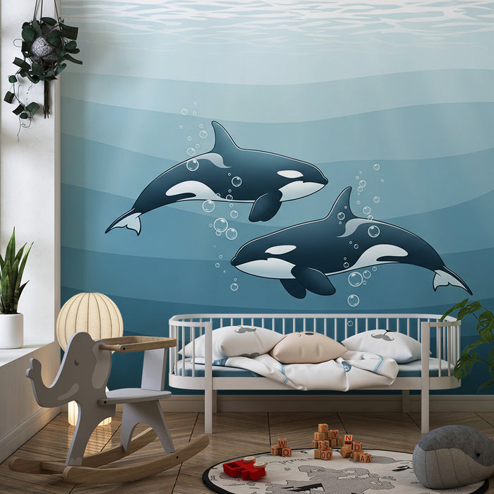 Papier peint chambre enfant | Orques jouant dans les profondeurs marines