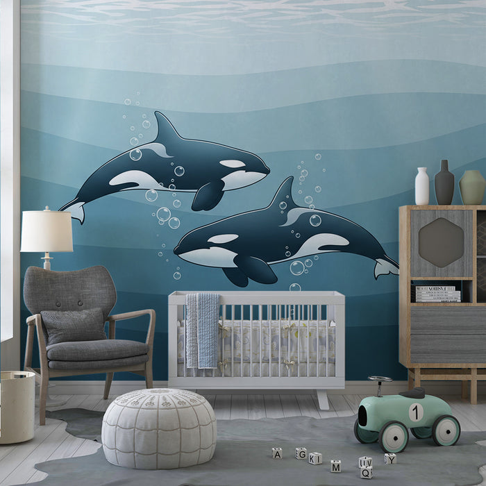 Papier peint chambre enfant | Orques jouant dans les profondeurs marines