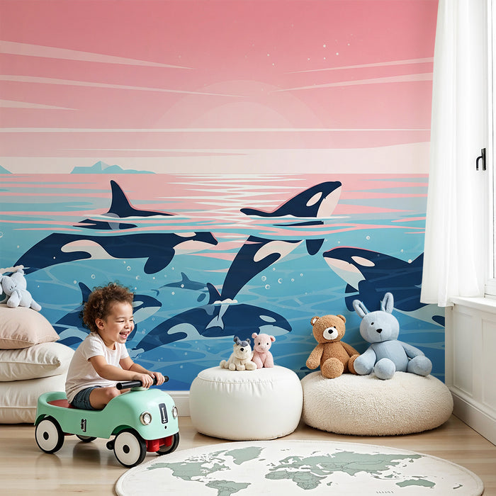 Kinderslaapkamer behang | Orka's spelend in turkooisblauwe zee onder roze lucht