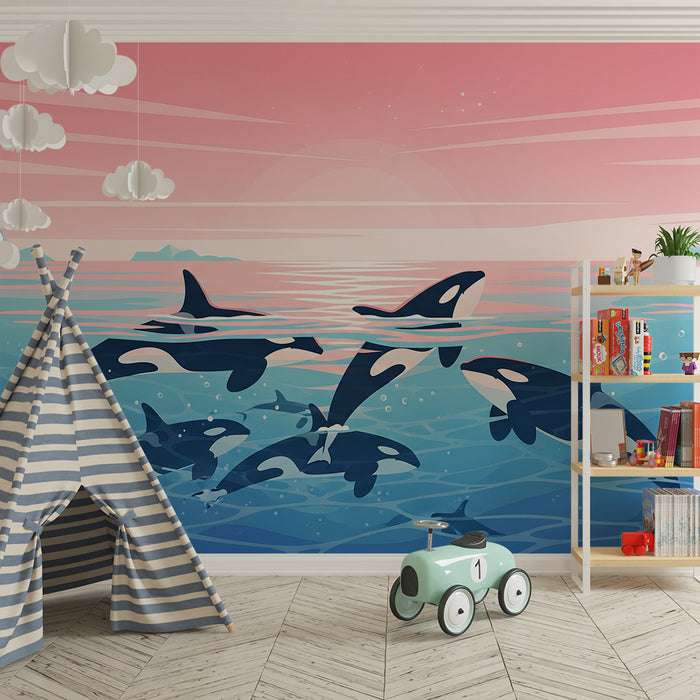 Kinderslaapkamer behang | Orka's spelend in turkooisblauwe zee onder roze lucht