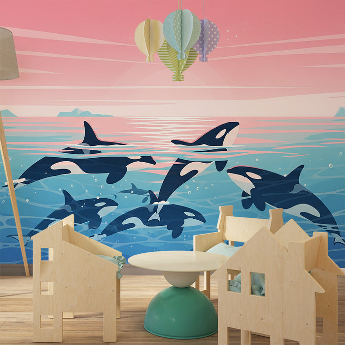 Kinderslaapkamer behang | Orka's spelend in turkooisblauwe zee onder roze lucht
