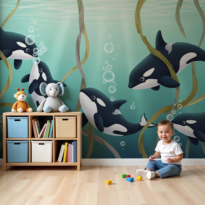 Papier peint chambre enfant | Orques joyeuses dans un monde sous-marin