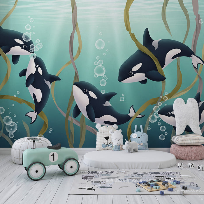 Papier peint chambre enfant | Orques joyeuses dans un monde sous-marin