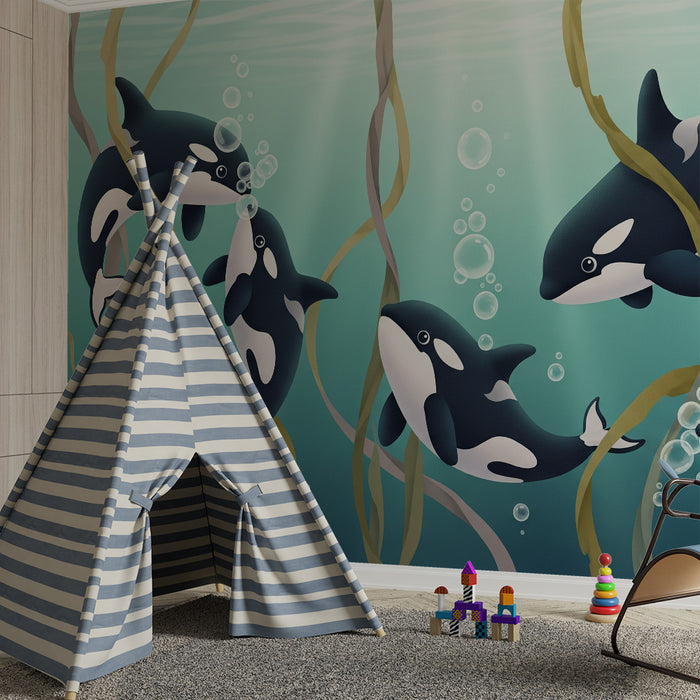 Papier peint chambre enfant | Orques joyeuses dans un monde sous-marin