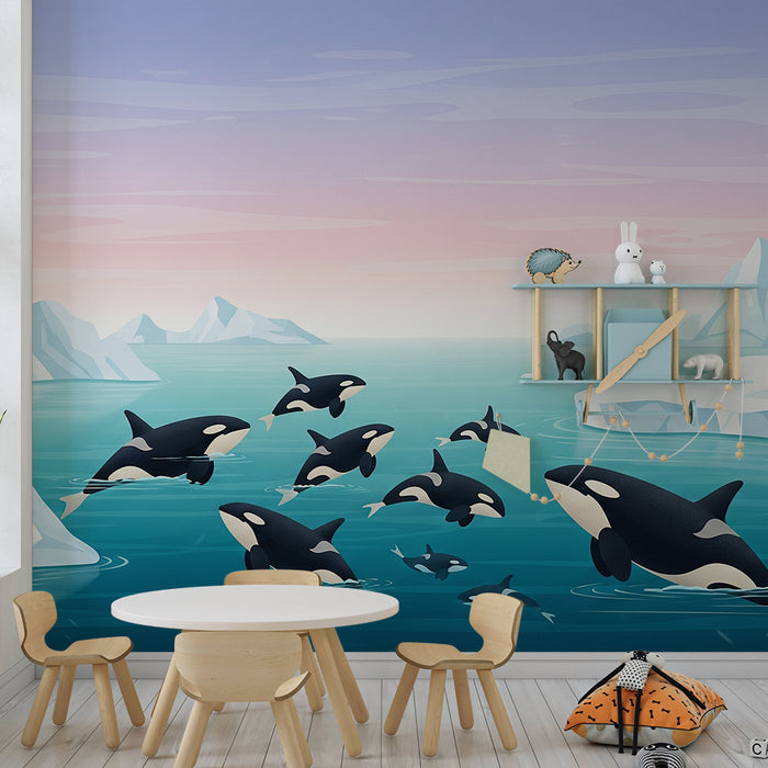 Papier peint chambre enfant | Orques joyeuses dans un paysage polaire