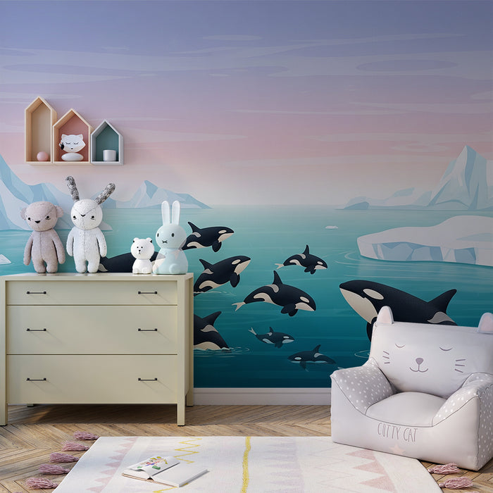 Papier peint chambre enfant | Orques joyeuses dans un paysage polaire