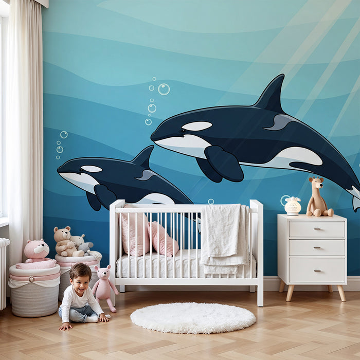 Papier peint chambre enfant | Orques joyeuses nageant dans les profondeurs marines