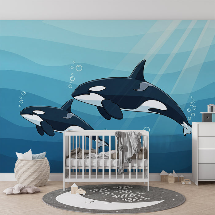 Papier peint chambre enfant | Orques joyeuses nageant dans les profondeurs marines