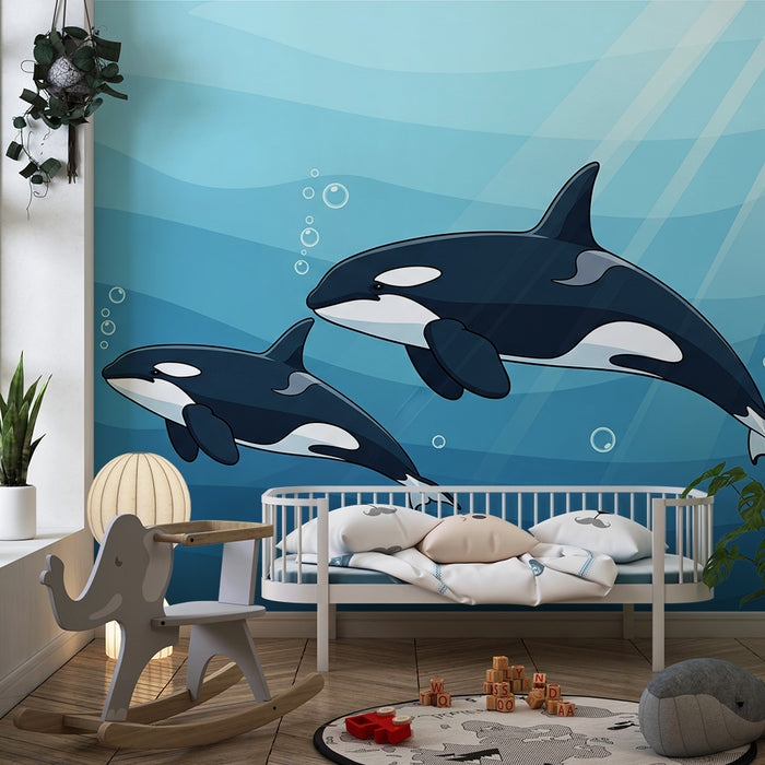 Papier peint chambre enfant | Orques joyeuses nageant dans les profondeurs marines