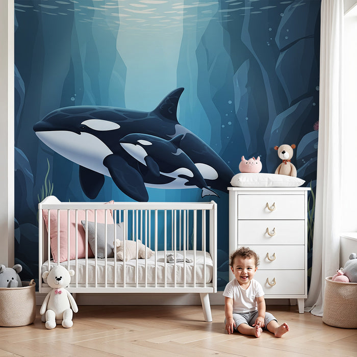 Papier peint chambre enfant | Orques majestueuses dans un monde sous-marin apaisant