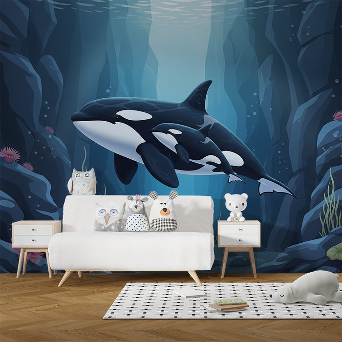 Papier peint chambre enfant | Orques majestueuses dans un monde sous-marin apaisant
