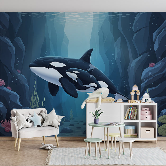 Papier peint chambre enfant | Orques majestueuses dans un monde sous-marin apaisant