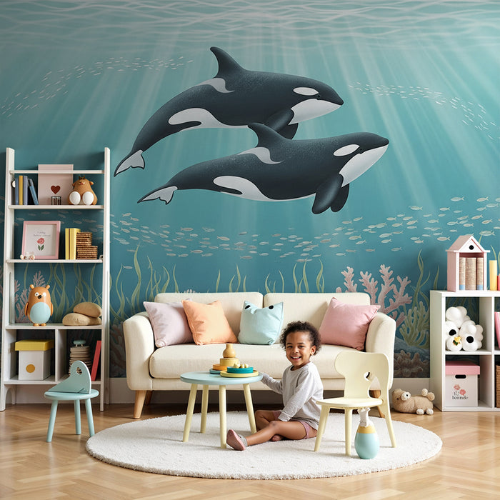 Papier peint chambre enfant | Orques majestueuses dans un monde sous-marin coloré