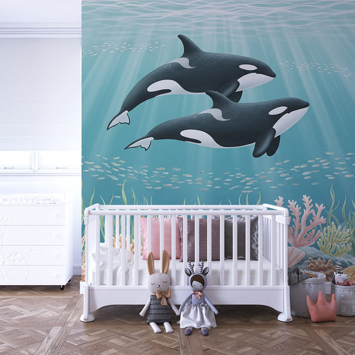 Papier peint chambre enfant | Orques majestueuses dans un monde sous-marin coloré