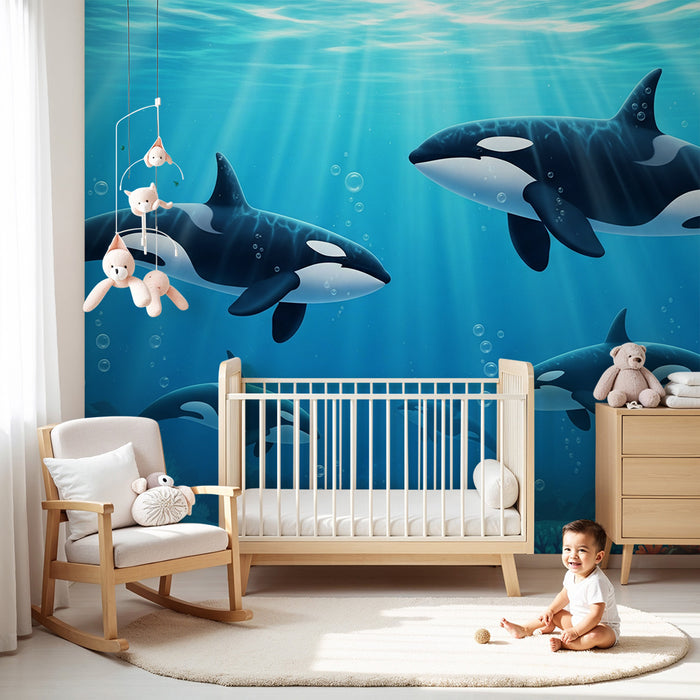 Papier peint chambre enfant | Orques majestueuses dans un océan vibrant