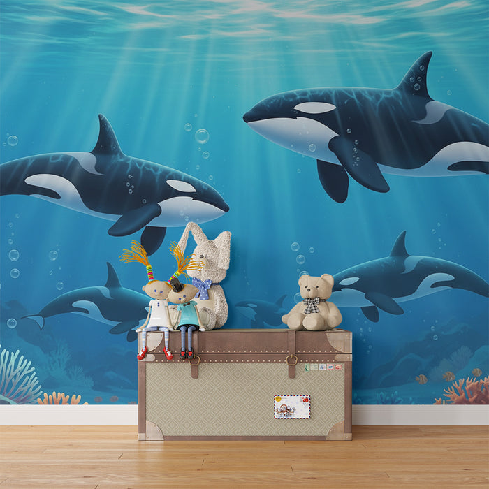 Papier peint chambre enfant | Orques majestueuses dans un océan vibrant