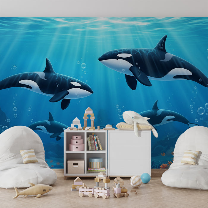 Papier peint chambre enfant | Orques majestueuses dans un océan vibrant