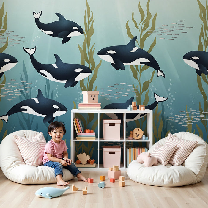 Papier peint chambre enfant | Orques majestueuses dans un océan vibrant