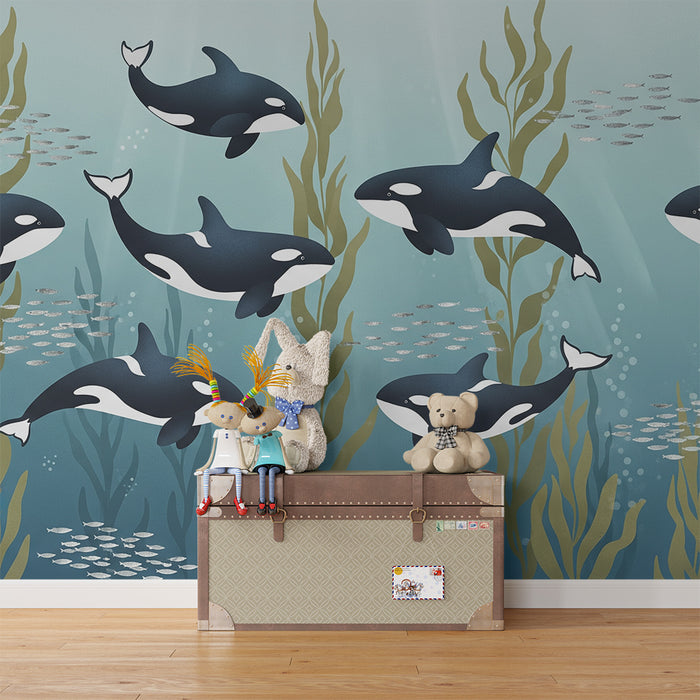 Papier peint chambre enfant | Orques majestueuses dans un océan vibrant