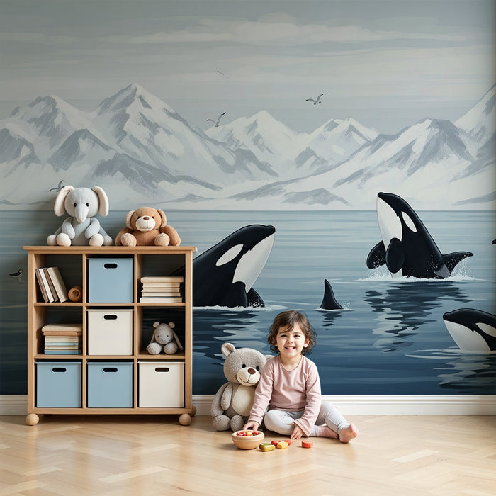 Tapete Kinderzimmer | Majestätische Orcas in beruhigender Meereslandschaft