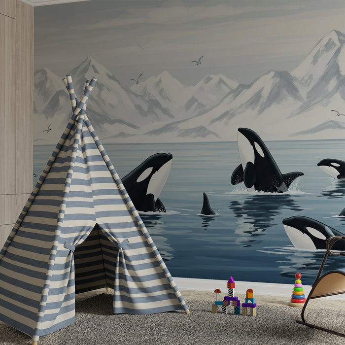 Tapete Kinderzimmer | Majestätische Orcas in beruhigender Meereslandschaft
