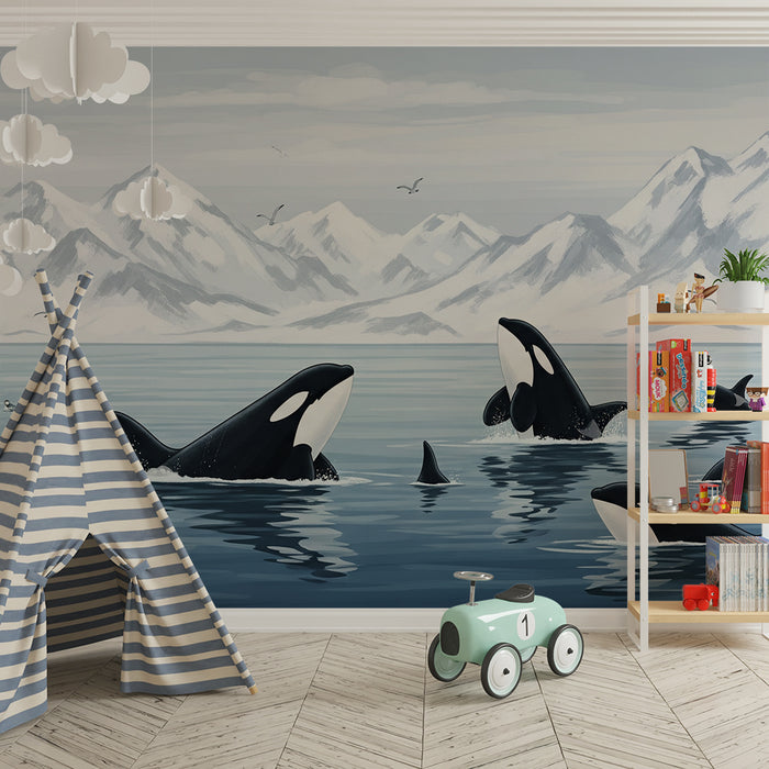 Tapete Kinderzimmer | Majestätische Orcas in beruhigender Meereslandschaft