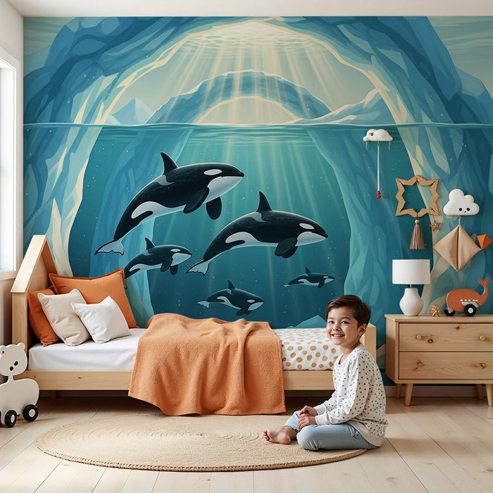Papier peint chambre enfant | Orques majestueuses dans un paysage sous-marin glacé