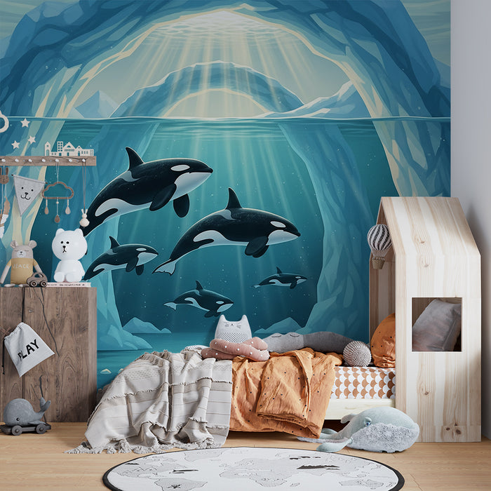 Papier peint chambre enfant | Orques majestueuses dans un paysage sous-marin glacé