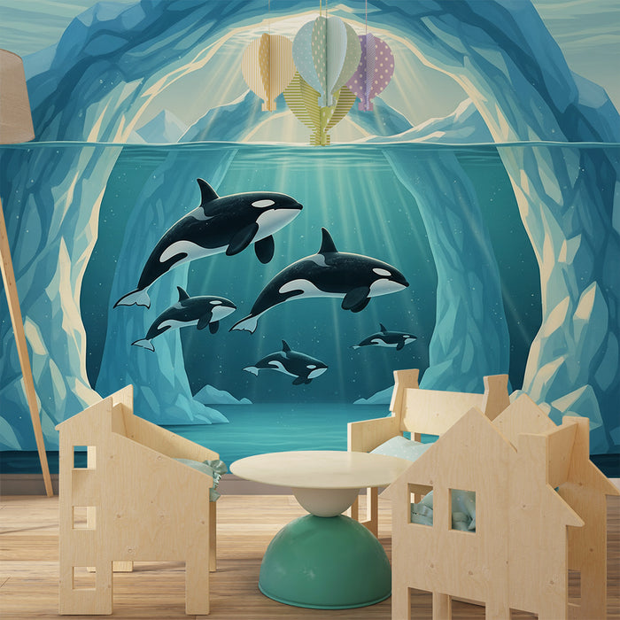 Papier peint chambre enfant | Orques majestueuses dans un paysage sous-marin glacé