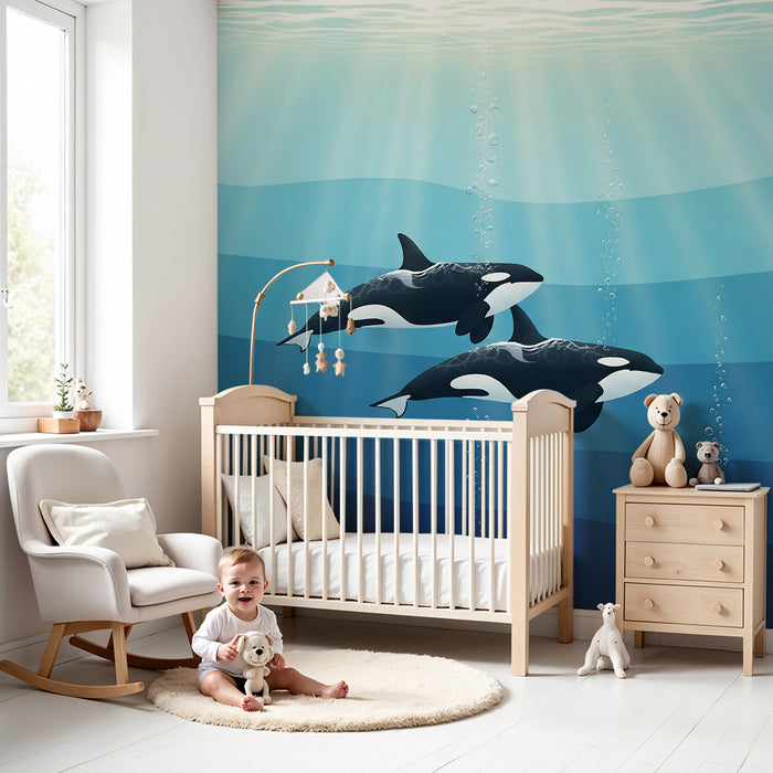 Papier peint chambre enfant | Orques majestueuses nageant dans les profondeurs marines