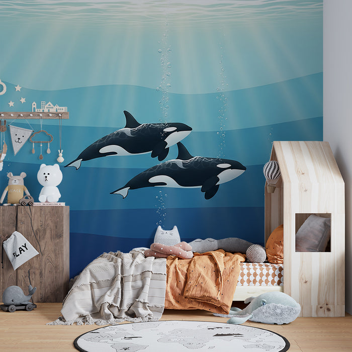 Papier peint chambre enfant | Orques majestueuses nageant dans les profondeurs marines