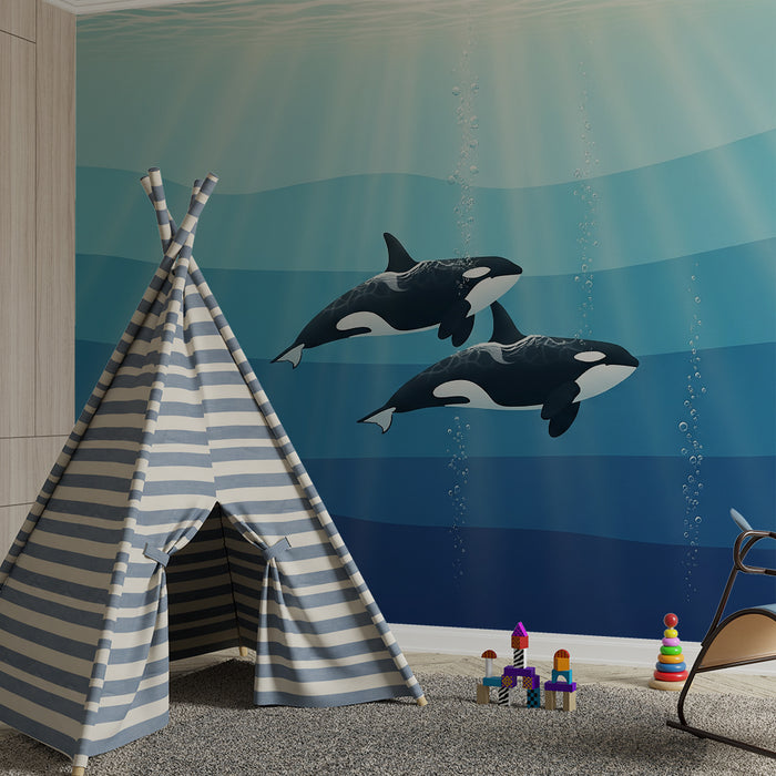 Papier peint chambre enfant | Orques majestueuses nageant dans les profondeurs marines