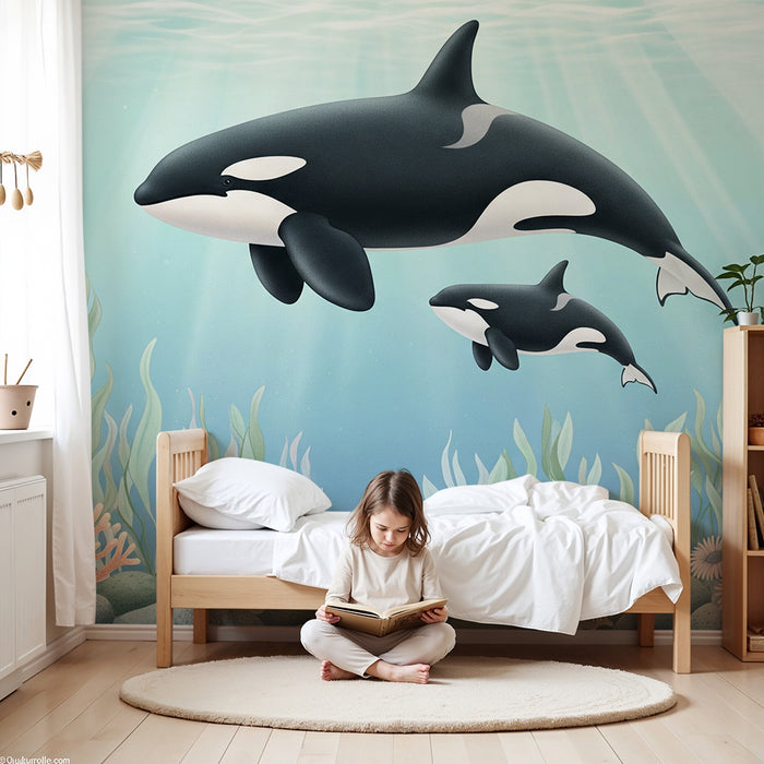 Papier peint chambre enfant | Orques majestueuses nageant dans un monde sous-marin