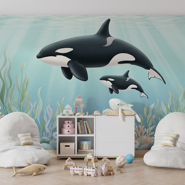 Papier peint chambre enfant | Orques majestueuses nageant dans un monde sous-marin
