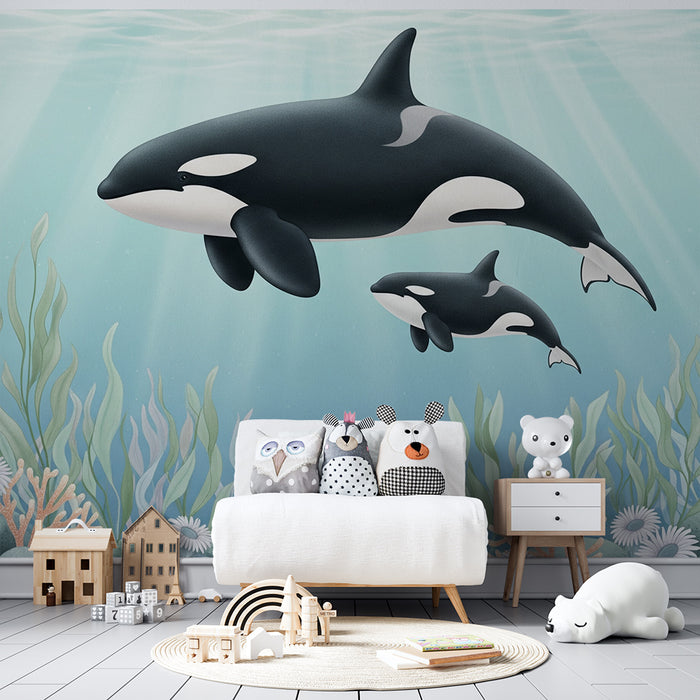 Papier peint chambre enfant | Orques majestueuses nageant dans un monde sous-marin