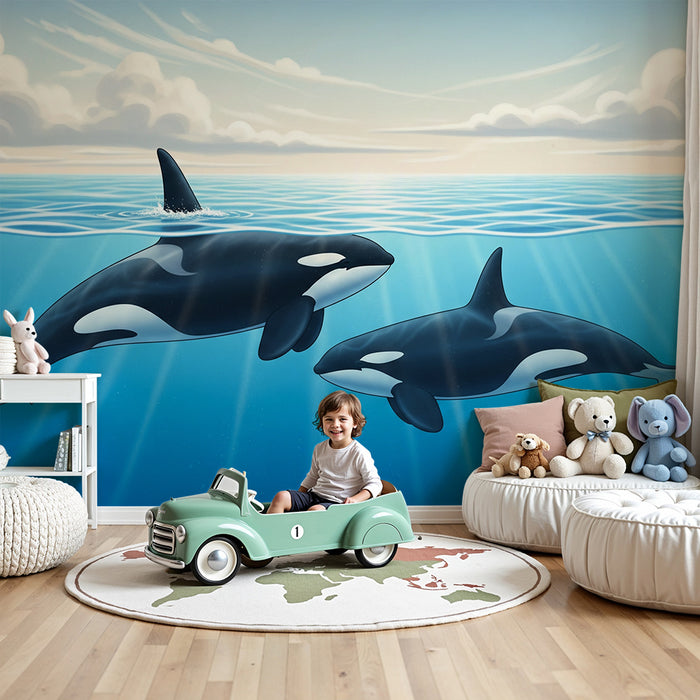 Papel de parede para quarto infantil | Orcas majestuosas a nadar num oceano azul