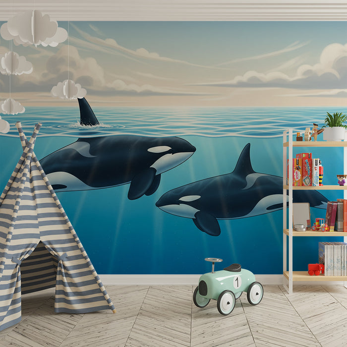 Papel de parede para quarto infantil | Orcas majestuosas a nadar num oceano azul