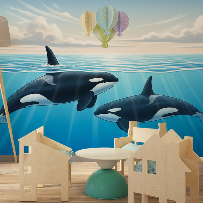 Papel de parede para quarto infantil | Orcas majestuosas a nadar num oceano azul