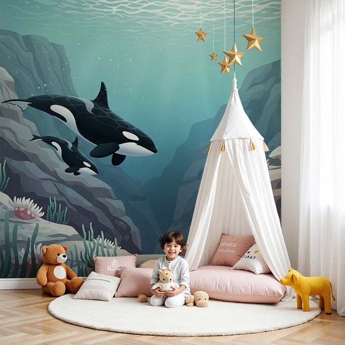 Children's bedroom wallpaper | Majestic orcas swimming in an underwater landscape
