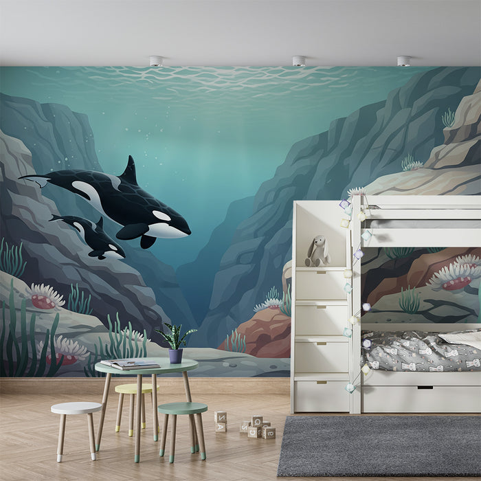 Children's bedroom wallpaper | Majestic orcas swimming in an underwater landscape