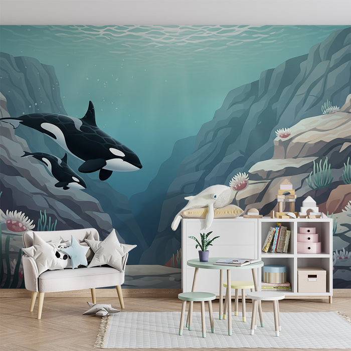 Children's bedroom wallpaper | Majestic orcas swimming in an underwater landscape