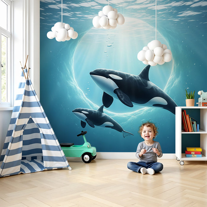 Papier peint chambre enfant | Orques nageant dans les profondeurs marines